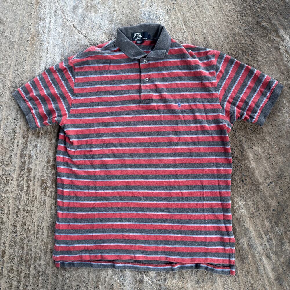 Vtg Polo by Ralph Lauren Striped Polo Shirt Red Grey Blue L Preppy 00s Y2K